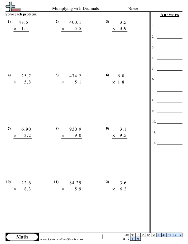 Multiplying Decimals (vertical) worksheet